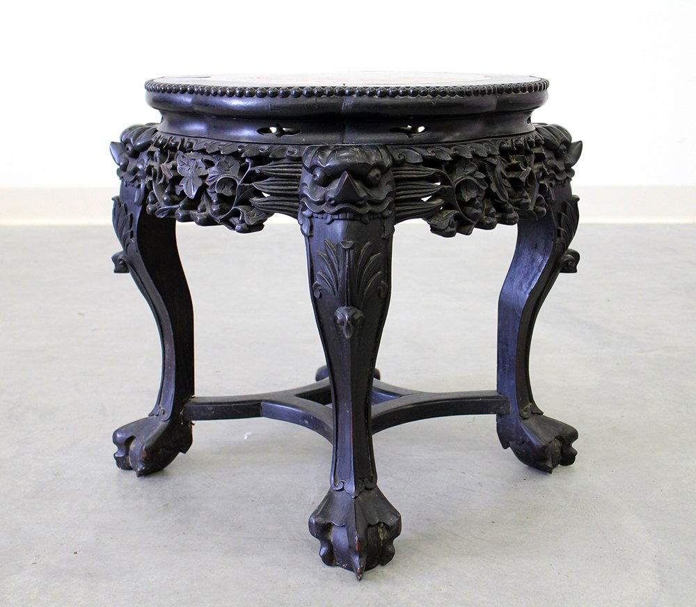 19th C CHINESE CARVED HARWOOD MARBLE TOP SIDE TABLE (1 of 3)