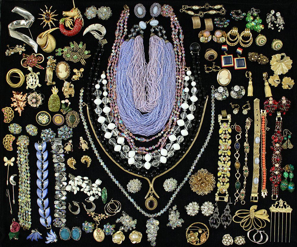 VINTAGE COSTUME JEWELRY: Collection to include Weiss, AMCO, Van Del, BSK, Micromosiac, Coro, Whiting & Davis, Monet, Sterling, Gold filled, Austria, Bergere and more.