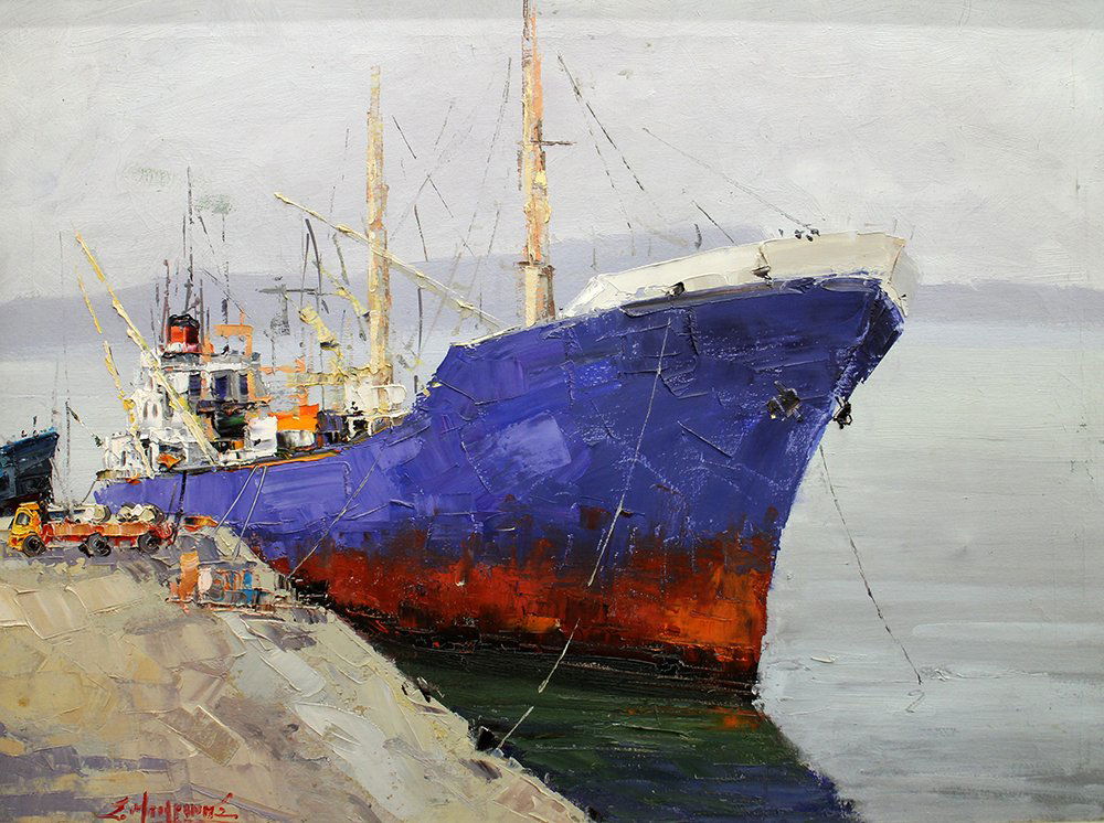 OIL ON CANVAS FREIGHT SHIP PAINTING (1 of 3)