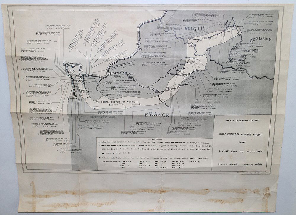 (3) WWII U.S. MILITARY ISSUED MAPS: Original WWII military maps of Germany, France, & Europe. VII Corps Map of the battlefield showing troop movements in France, The Battle of the Ardennes, and the Roer Rhine sections. J. Lawton Collins