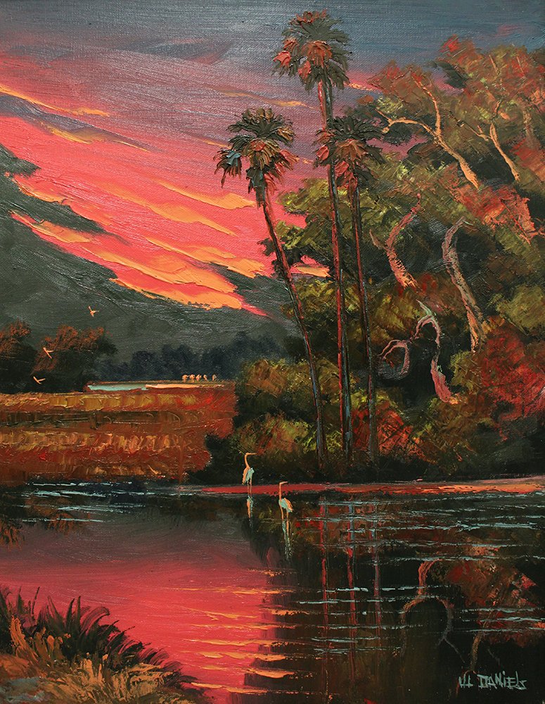 WILLIE DANIELS FIRESKY HIGHWAYMEN PAINTING: Willie Daniels Highwaymen painting of a Florida backwoods sunset red "fire sky." Measures 20" x 16" on canvas.