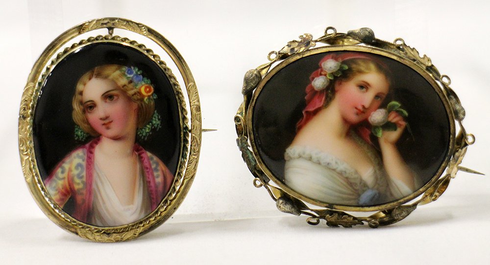 (2) ANTIQUE HAND PAINTED PORTRAIT BROOCHES (1 of 7)