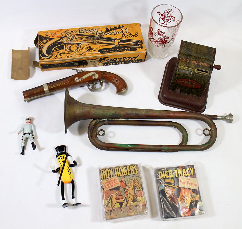 VINTAGE TOYS, BANK, BUGLE & MORE: Davy Crockett pistol in original box, glass, Boy Scout bugle, Premier cash register, Dick Tracy & Roy Rogers little books and more.