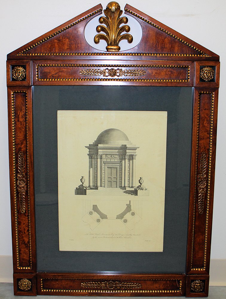 PIERRE FOURDRINIER ARCHITECTURE ENGRAVING: Engraving laid on paper in mahogany painted frame with gilded trim and pale green mat, not examined out of frame. Engraving reads, To John Hall Stevenson, Esq. This design is humbly inscribed by his m