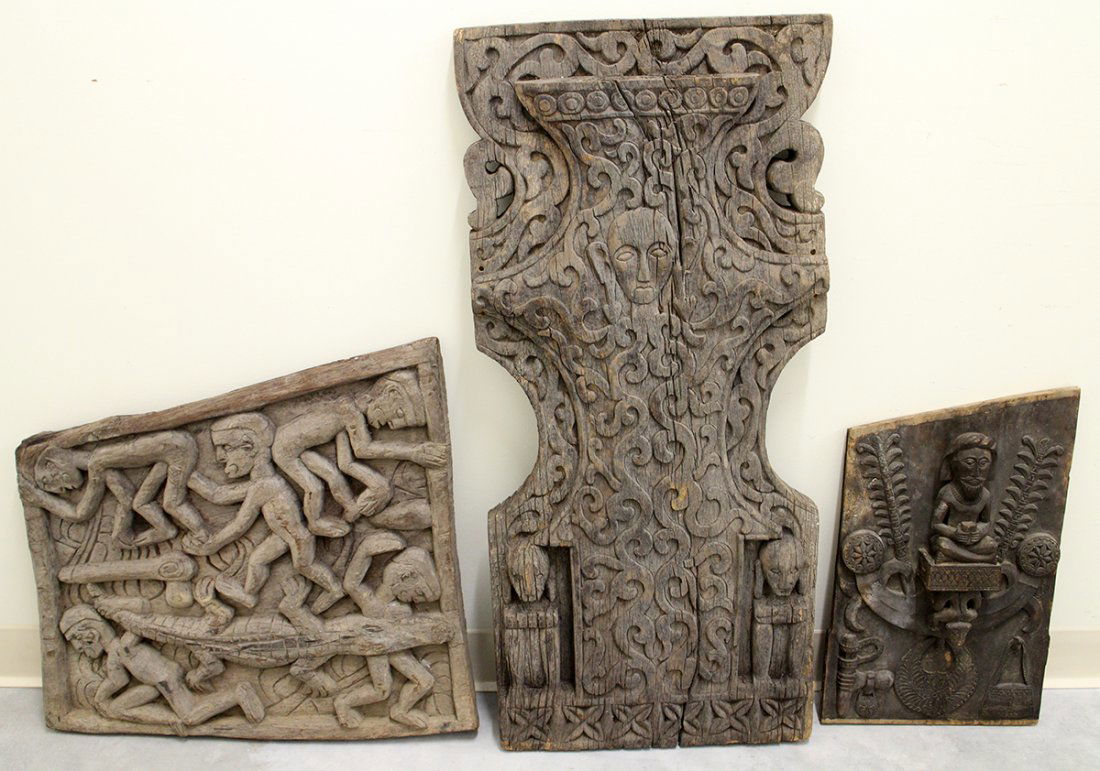 (3) PRIMTIVE RICE BARN CARVED DOOR WOOD PLAQUES (1 of 6)