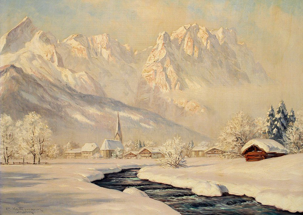 ERWIN KETTEMANN PAINTING: Erwin Kettemann (German 1897-1971) Oil on canvas snowy mountain painting. Signed lower left, writing on back. 32" x 24" (framed 37" x 29")