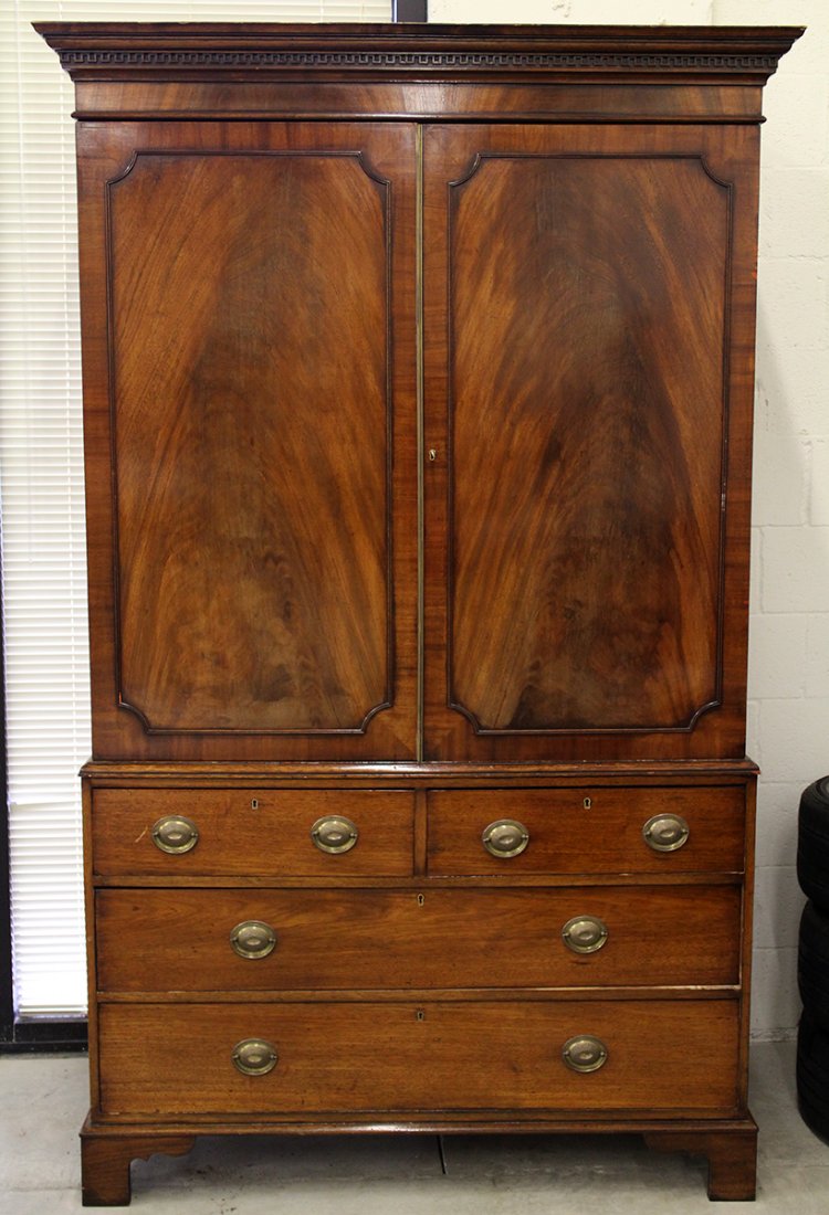 HEPPLEWHITE CHEST W/ ARMOIRE: Hepplewhite chest with armoire top. Pull out TV stand added inside armoire. Measures 7' 1" tall 49 1/2" wide 24" deep.