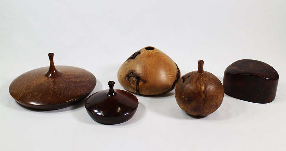 WOOD VASES & BOX COLLECTION: Collection of wood vases, some signed, incense burners, and burlwood box.