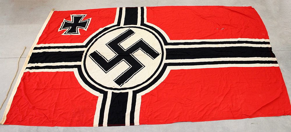 LARGE WWII KRIEGSMARINE REICH WAR FLAG: Nazi Kreigsmarine naval flag. Destroyer size. 120" x 70." Some small holes/tears.