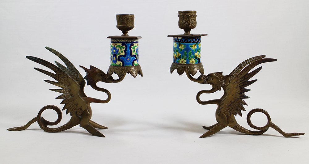 PAIR ENAMEL GRIFFIN BRASS CANDLE HOLDERS (1 of 2)