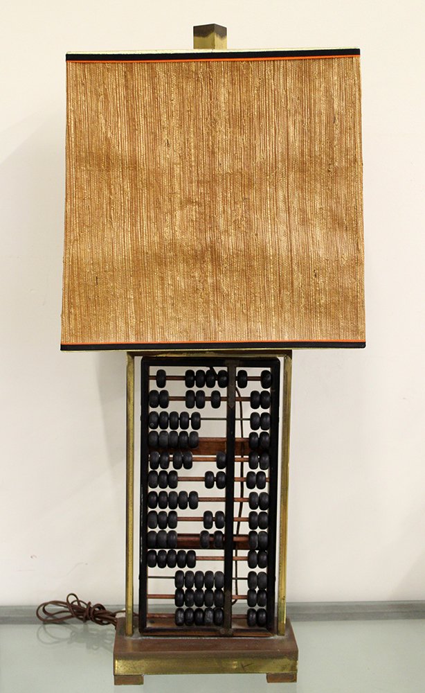 MID CENTURY ABACUS LAMP: Vintage Mid Century Chinese brass & wood abacus lamp. 33" tall to finial.