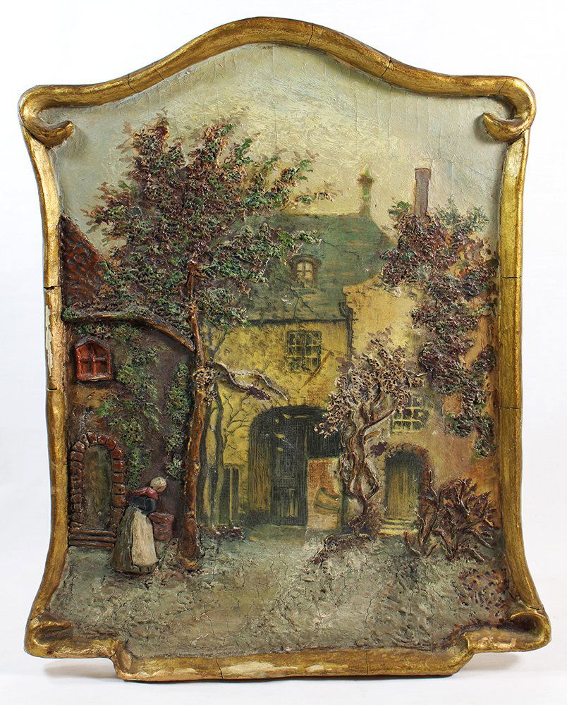 3 DIMENSIONAL VILLAGE SCENE - 1935: Enhanced 3D English cottage print. On Verso Flora Leonard 1935. Painted gold gilt frame. 14: x 11.5"