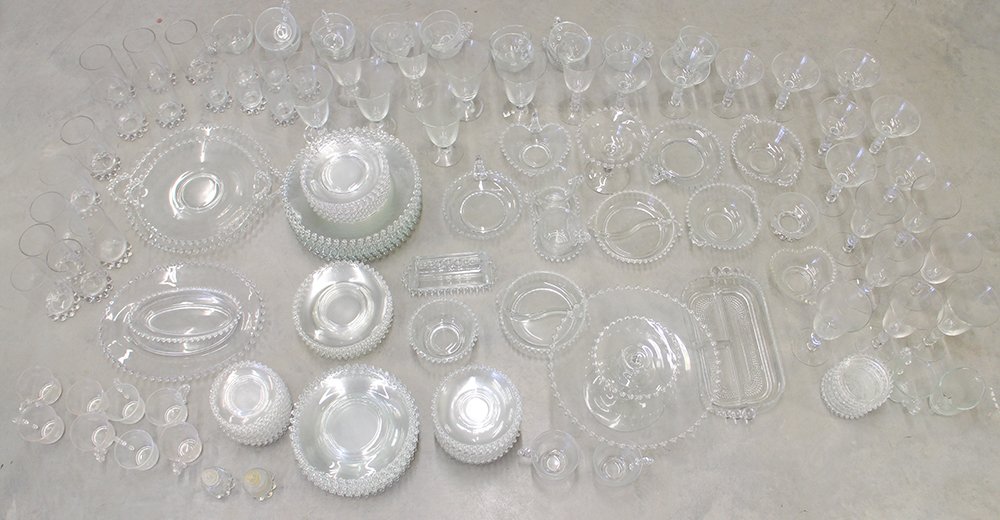 169 PIECES IMPERIAL CANDLEWICK CRYSTAL DINNERWARE: Huge collection to include: 10 dinner plates, 10 salad plates, 7 bread plates, 9 desert plates, 16 saucers, 16 demitasse saucers, 15 punch cups, 8 demitasse cups, salt & pepper, 2 sets creamer & sugar