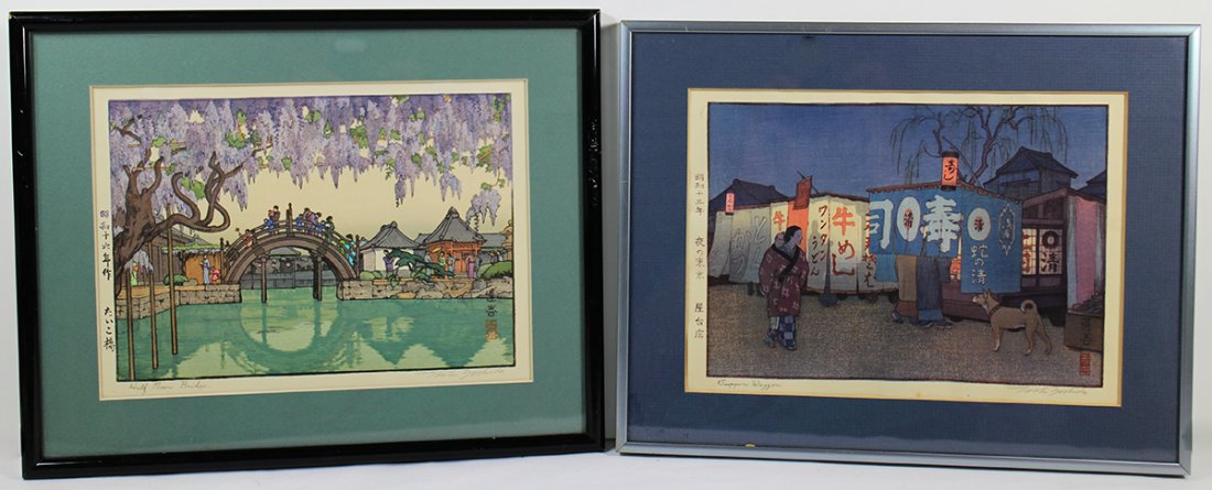 (2) TOSHI YOSHIDA JAPANESE WOODBLOCKS: Two signed Toshi Yoshida woodblock prints titled "Supper Wagon" and "Half Moon Bridge." Each signed lower right in pencil. 13 3/4" x 11" with frames.