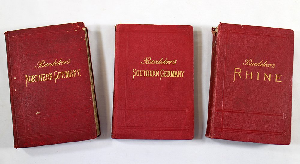 KARL BAEDEKER ANTIQUE MAP BOOKS: Handbooks for Travelers Leipsic Karl Baedeker London" Dulau and Co. Northern Germany 1884 signed Henry Prebble Wickham House Clapton & London, Southern Germany 1902 and The Rhine 1911.