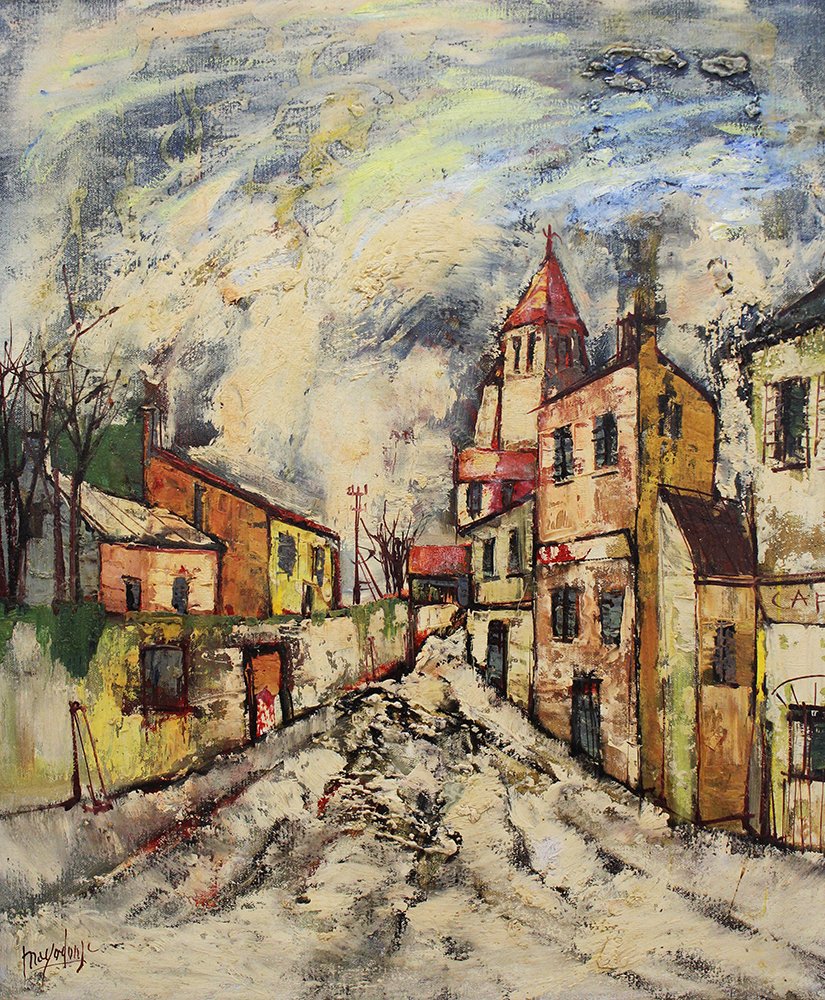 JEAN MAYODON PAINTING: Jean Claude Mayodon (French 1938-1981) Street scene painting on canvas. Signed lower left Mayodon JC. Measures 24" x 20" and 28 1/4" x 32 1/4" with frame.