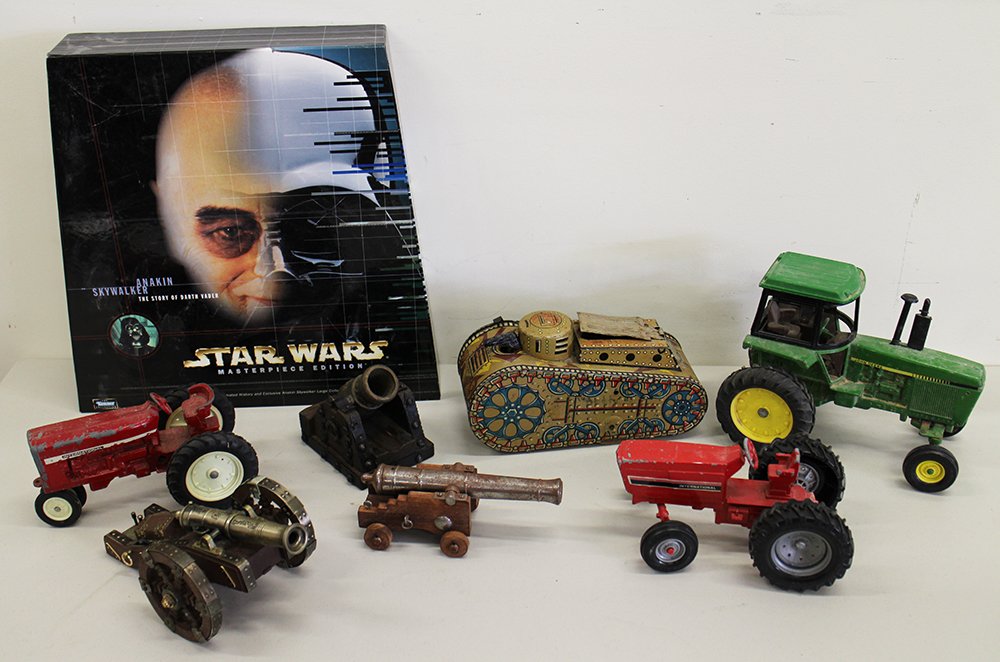 VINTAGE TOY COLLECTION: Tractors, canons, Marx tin tank, and Star Wars Masterpiece figurine.