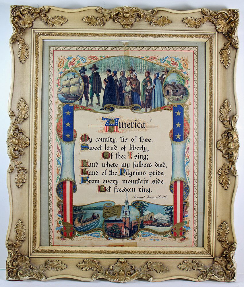 PATRIOTIC AMERICA FRAMED PRINT: America Samuel Francis Smith framed patriotic song print. J.R. Rosen engrosser artist A.E. Hilton Boston. Measures 25" x 21" with frame.