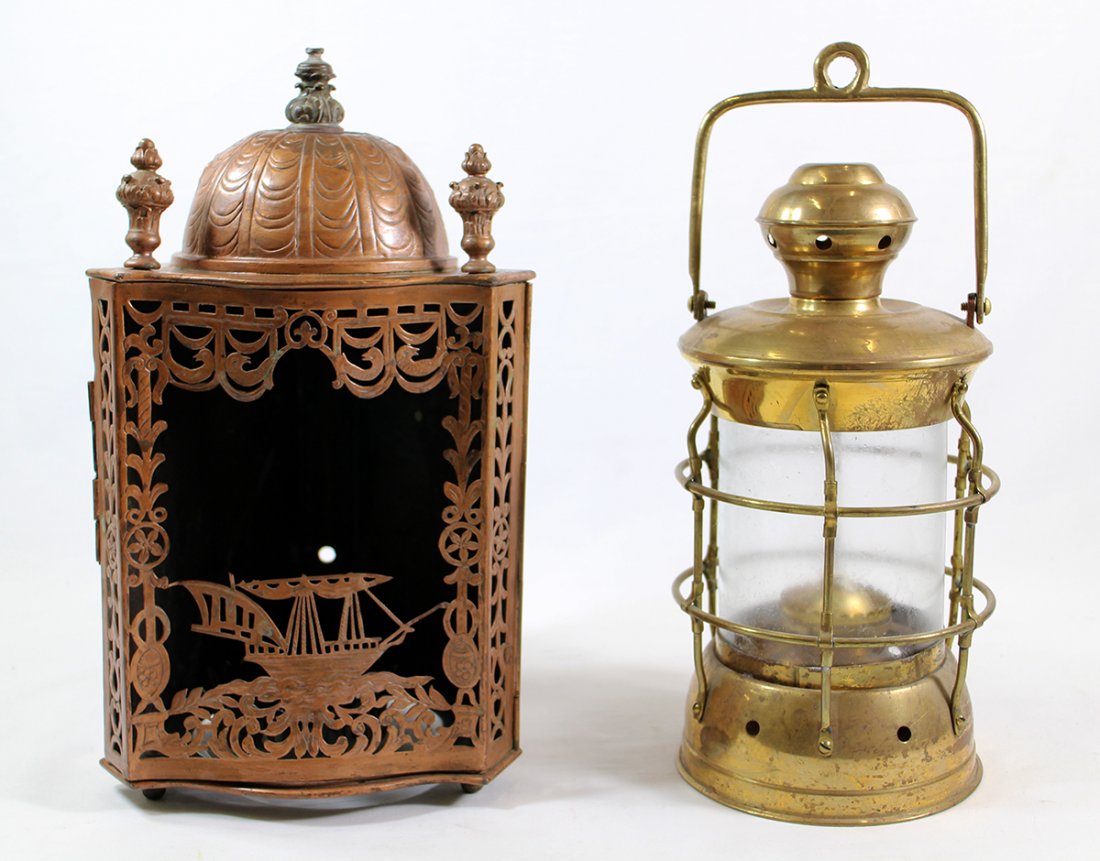 (2) COPPER & BRASS LANTERNS: Copper Moroccan style lantern with ship and brass lantern. 12 1/2" tall.