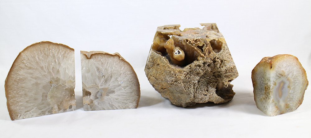 PETRIFIED WOOD GEODE BOOKENDS & MORE: Bookends and large fossilized stone.