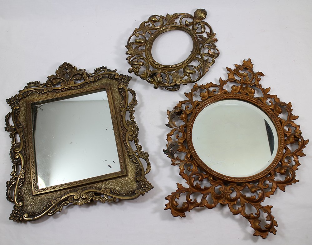 (3) BRASS PICTURE FRAMES: Three brass metal picture frames, two with mirrors.