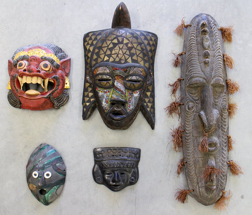 (5) AFRICAN, INDONESIAN, & MORE MASKS: Collection of five assorted African, Indonesian, & more masks. 6" to 27" long.