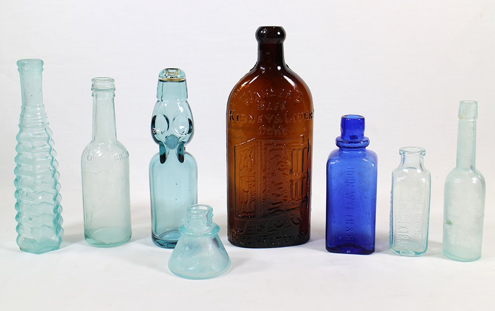 ANTIQUE BOTTLES: Warner's Kidney & Liver Cure bottle, John Wyeth & Bro, Eddy's Brand Sauce, Carter's cone ink bottle, Floating ball codd neck, Hire's Household Extract & more.