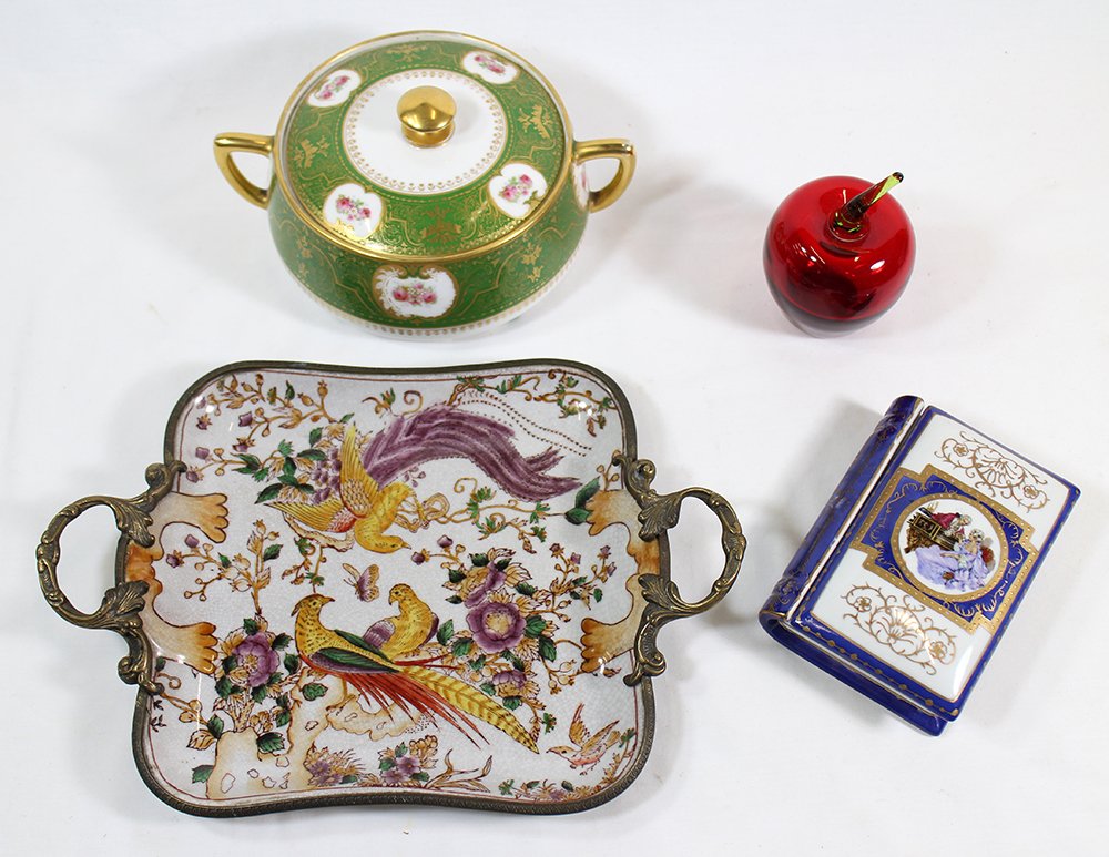 GLASS & PORCELAIN COLLECTION: Glass apple, Imperial lidded box, Limoges covered bowl.