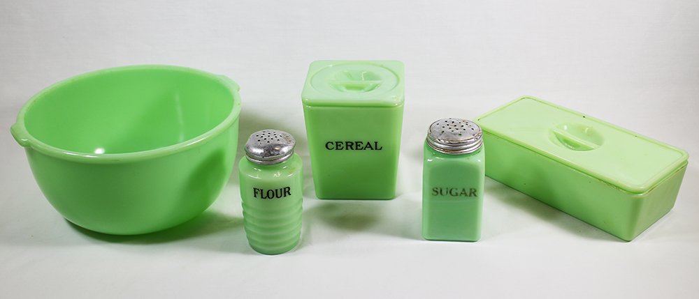 JADEITE FIREKING COLLECTION: Jadite green Fire King large mixing bowl, refrigerator bin, cereal jar, flour jar, sugar shaker. Chip to cereal jar.