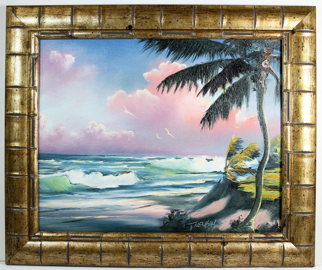 TRACY NEWTON PAINTING: Trace Newton Highwaymen style painting of a sunny Florida ocean and sand dune scene. 20" x 16" on board and 25" x 21" with frame.