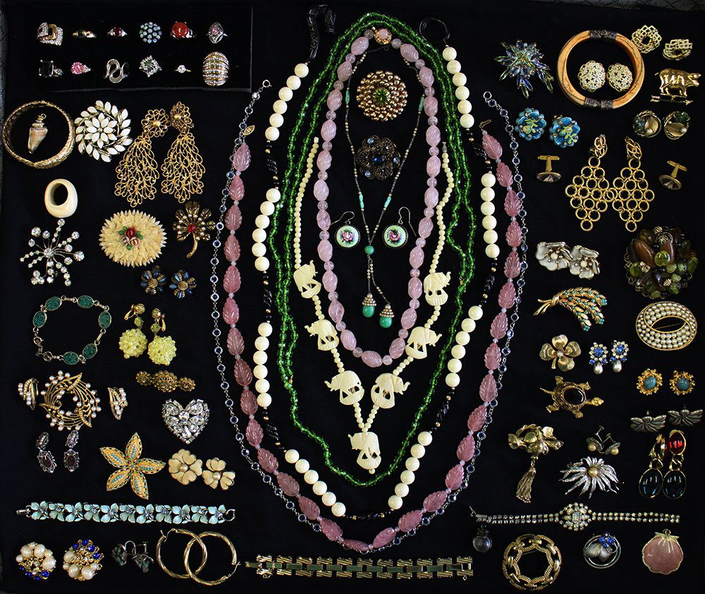 VINTAGE COSTUME JEWELRY: Collection of vintage costume with Victorian, Weiss, Kramer, Coro, Gesch, Essex glass, Trifari, Jade, Opal, Sterling, Gold filled, Sarah Coventry, Carolee, Kenneth J Lane, Schrager, & more.