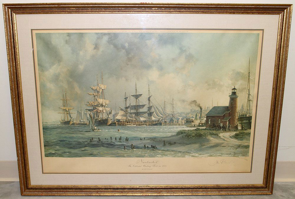 JOHN STOBART "NANTUCKET" SIGNED PRINT: John Stobart "Nantucket The Celebrated Whaling Port in 1835" print. Signed lower right in pencil and numbered 618/650. Measures 42 1/2" x 31" with frame.