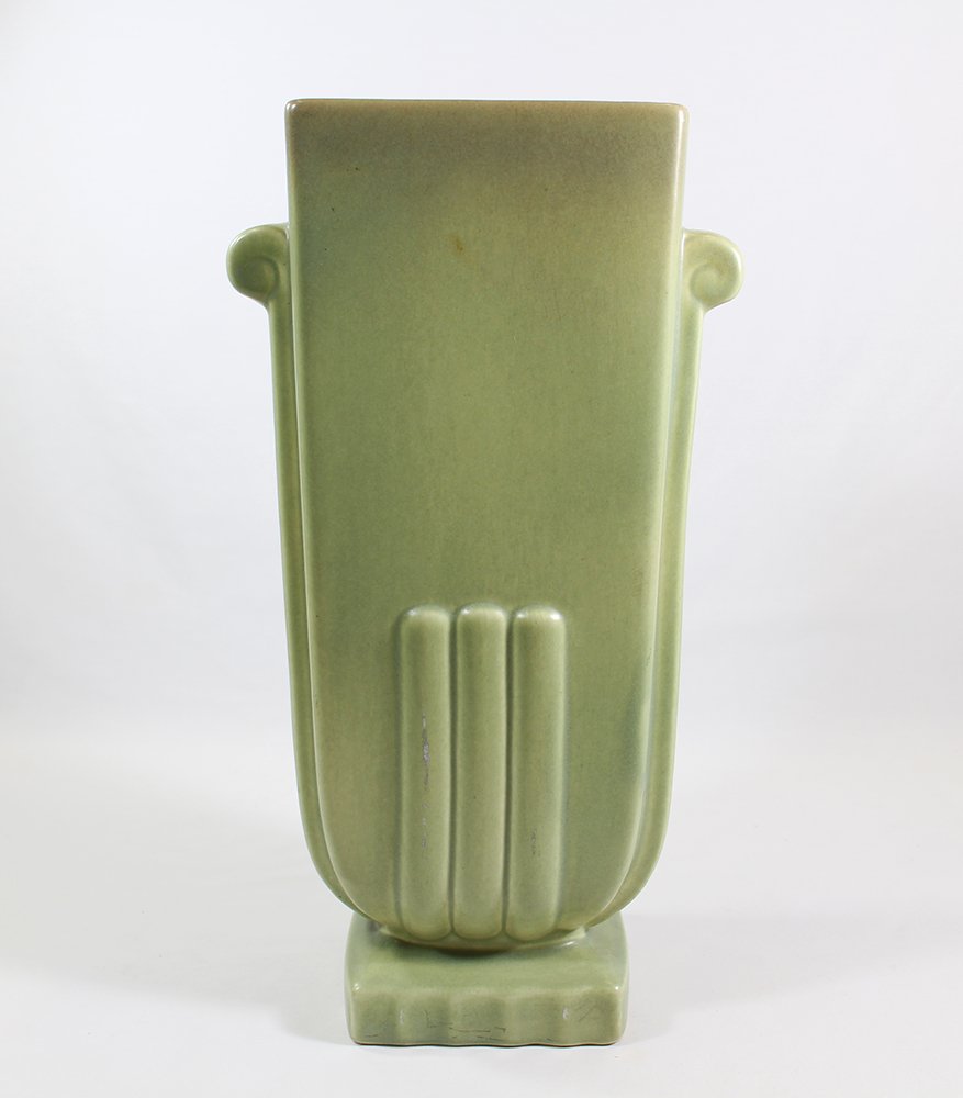 GREEN ART DECO VASE: Art Deco Green vase, possibly Red Wing or McCoy. Hairline under glaze. 15" tall.