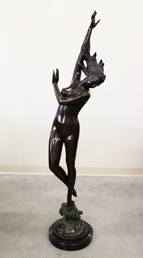 TALL AFTER MOREAU NUDE SCULPTURE: After Auguste Moreau French standing female nude bronze sculpture. 62 1/2" tall.