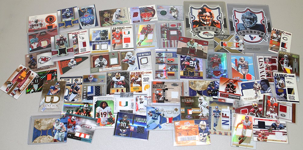 JERSEY & MEMORIBILIA SPORTS CARDS: Large collection of 53 sports cards with game used items, jerseys, tickets, patches, & more.