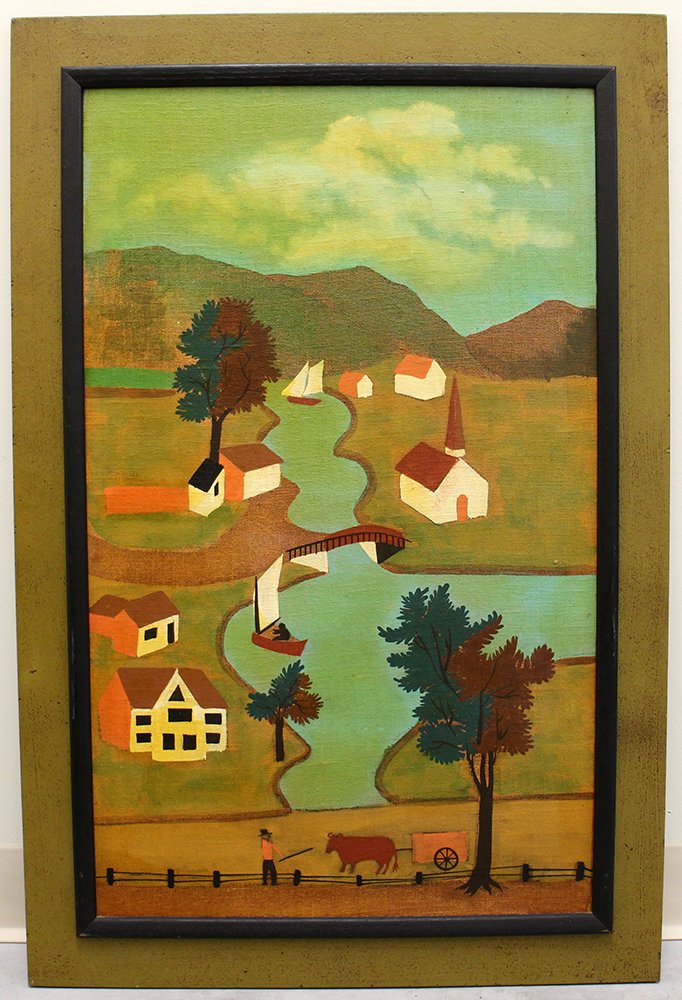 FOLK ART PAINTING: Folk art painting of an Autumn village and lake scene with an Amish theme. 36" x 24" with frame.