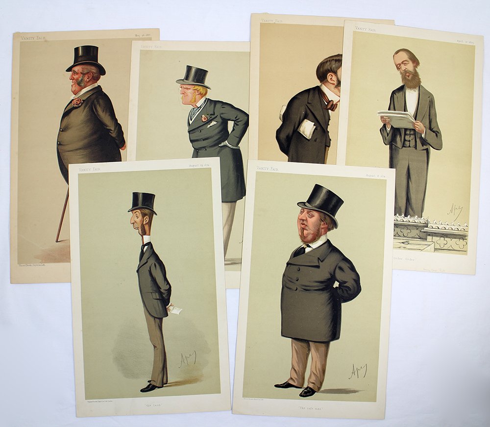 (6) VANITY FAIR (1874-1878) LITHOGRAPHS: Six Vanity Fair caricature lithographs Spy Cartoons printed by Vincent Brooks Day & Son Lith London and signed APE. Lib to include: A Turf Reformer, An Amateur Whip, Order Order, The Safe Man, The Las