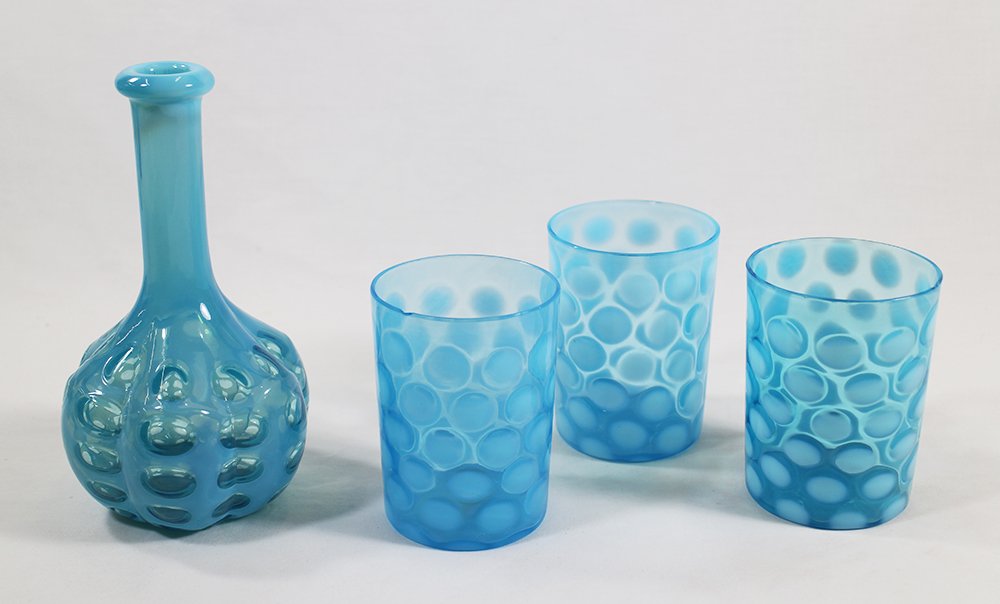 VINTAGE BLUE COIN DOT BARBER BOTTLE & GLASSES (1 of 2)