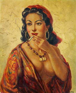 ALBERT GENTA PAINTING: Albert Genta (French 1901-1989) Oil on canvas painting of a gypsy woman smoking a cigarette. Signed lower right. Small hole to top left side. 18 1/8" x 14 7/8" (unframed).