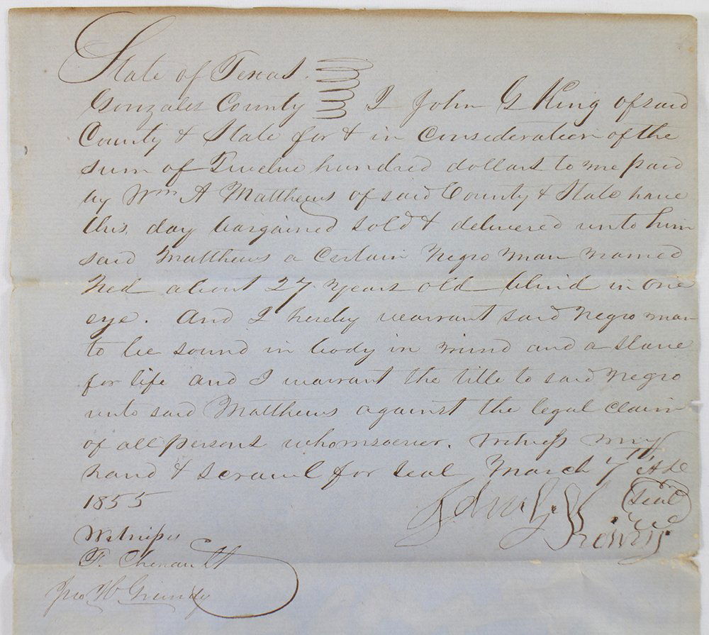 TEXAS SLAVE RECEIPT DOCUMENT DATED 1855 (1 of 3)