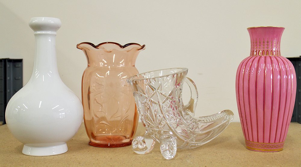 VINTAGE VASE COLLECTION: Includes Kaiser, Mintons, Etched Pink Glass and a glass cornucopia.