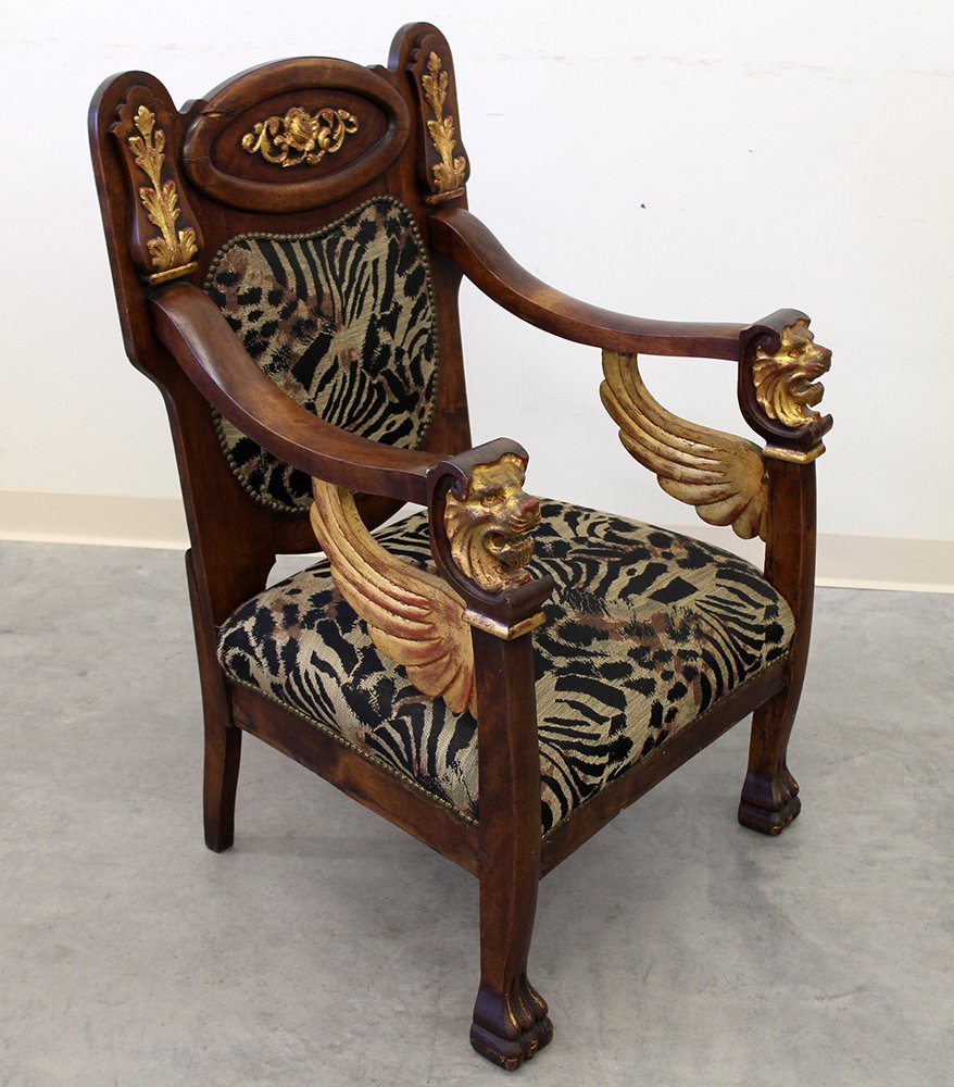LION ARMED THRONE CHAIR: Animal print wood throne chair with gold lion arms and foliate scrolls. 41" x 27" x 24"
