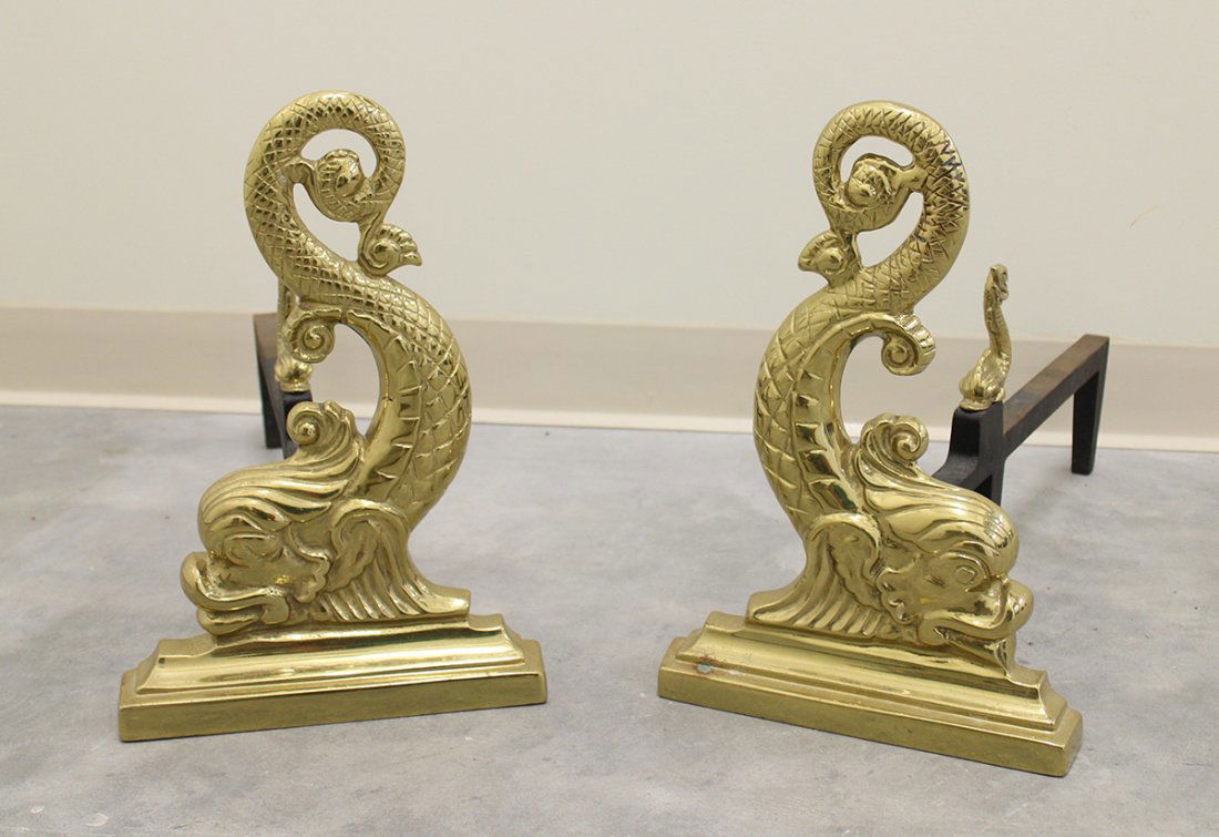 (2) BRASS DOLPHIN ANDIRONS (1 of 4)