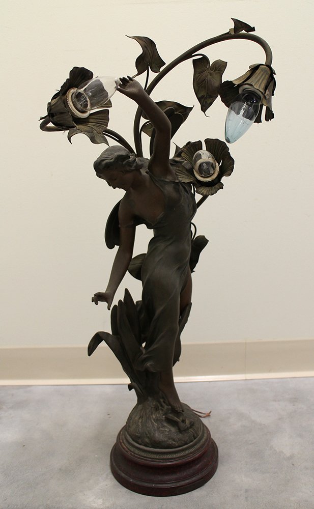 19TH CENTURY J. CAUSSE BRONZE LAMP: Signed J. Causse after Julien Causse. Figural woman with vines lamp (needs rewiring) and stands 39: tall. Repair to arm.