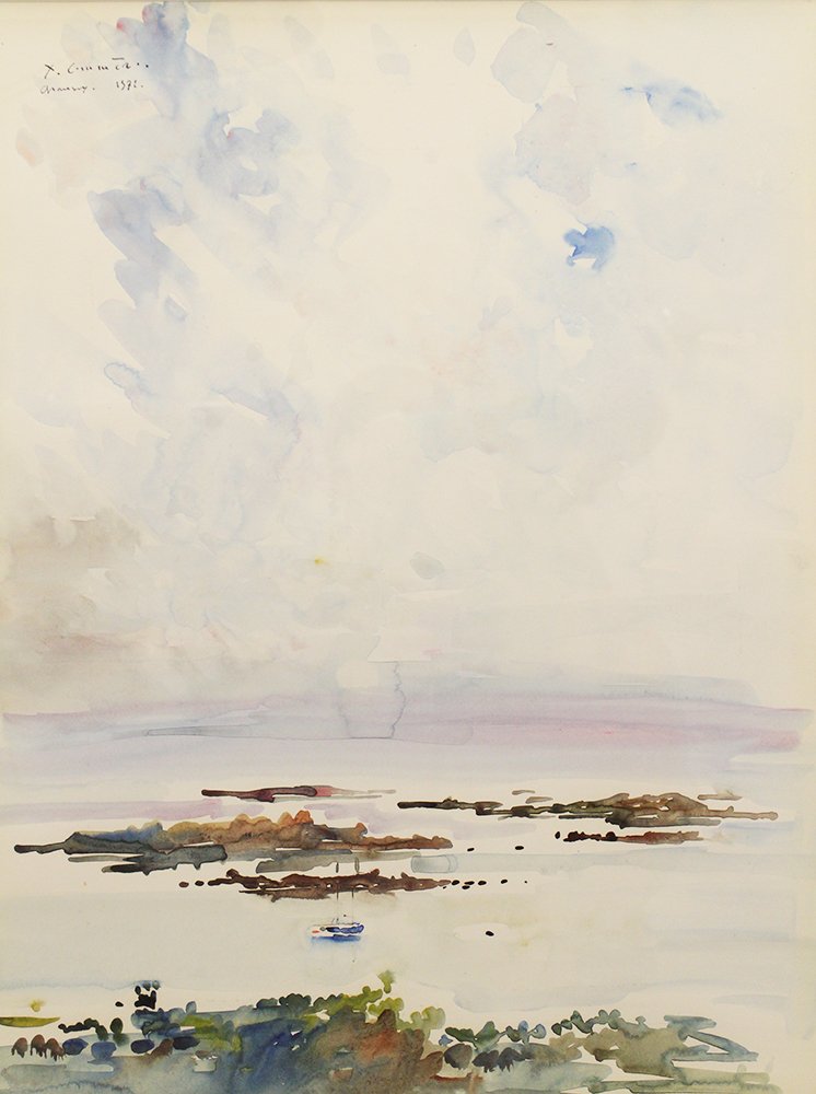 XAVIER COMMERE WATERCOLOR: Xavier Commere (French b.1958) Watercolor of boat in ocean. Signed top left. Measures 25" x 19" (Framed 33" x 26.5")