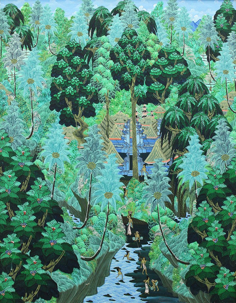 INDONESIAN PAINTING: Balinese Indonesian painting of a thick forest with village. Signed lower middle with artist name and Lungsiakan. 33" x 25 1/2" on canvas and 35" x 28" with frame.