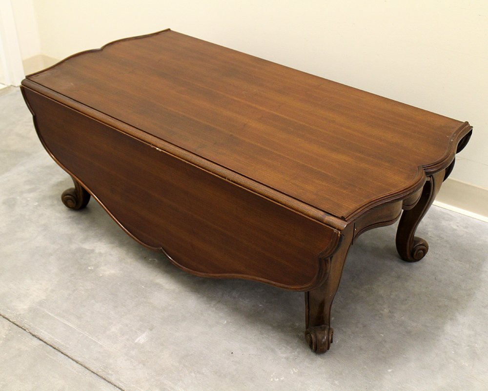 JOHN COLBY & SONS COFFEE TABLE: John A. Colby & Sons wood coffee table. 44" x 22" wide, leaves 50" wide, 16" tall.