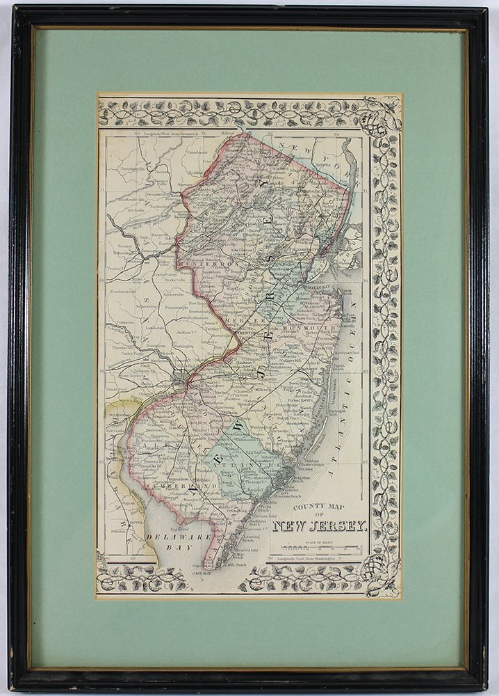 1868 MAP OF NEW JERSEY: 19th century map of New Jersey. Framed measures 15.5" x 11". Label on verso Argosy 116 E. 59th Street, NYC.