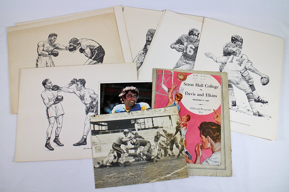 1930's SHELL OIL FOOTBALL PRINTS & BOXING PRINTS: 11 Vintage Giants Football prints by Shell Oil. 5 Boxing prints by Richard Stevens, Joe Namath photo & more.