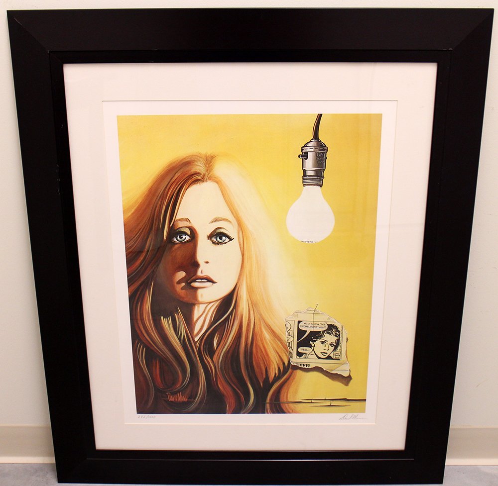 DAVID MANN GIRL AND THE LIGHT BULB LITHOGRAPH: David Mann (1940-2004) Lithograph "Girl and Light Bulb" pencil signed and numbered 282/1000. 39 3/4" x 33 1/2" with frame.